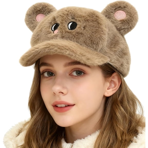 Women Girls Winter Faux Fur Newsboy Hat with Cute Animal Ear Adjustable Fluffy Cabbie Cap French Style Painter Beret