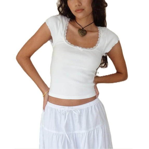 Women Girls Y2K Short Sleeve Shirt Top Fairy Grunge Lace Trim Square Neck Vintage T-Shirts Aesthetic Slim Fit Tees Tops