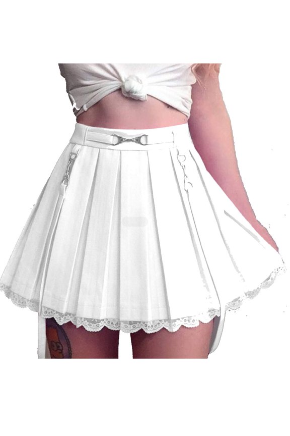 Women Girls Y2k Lace Patchwork Mini Pleated Skirt Harajuku Gothic A-line Lace Up Ruffle Short Skirts