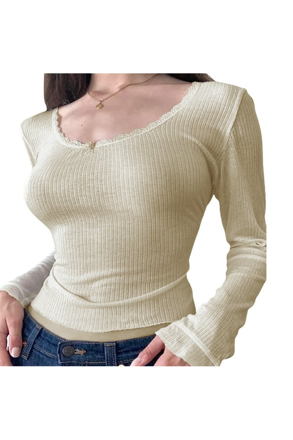 Women Girls Y2k Retro Lace Trim Crop Tops Long Sleeve V-Neck Fairy Grunge Aesthetic Clothes
