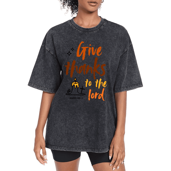 Women Give Thanks To The Lord Graphic Tee Christian Religious T Shirt Top Script Candle Print Short Sleeve Round Neck Black S-2XL Plus Size