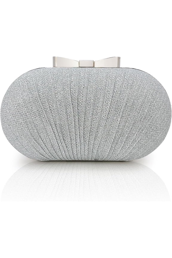 Women Glitter Box Clutch with Bow Clasp | Elegant Pleated Hard Case Evening Bag | Wedding Prom Formal Party Handbag