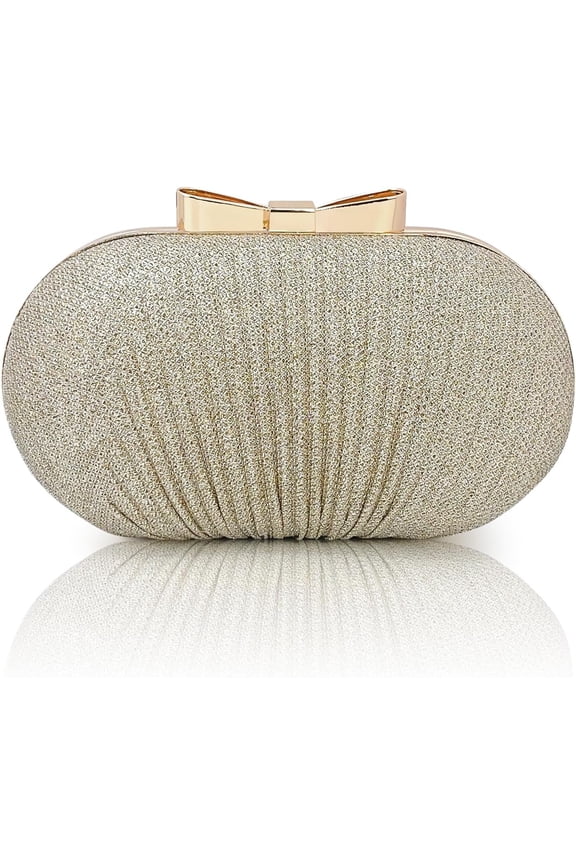 Women Glitter Box Clutch with Bow Clasp | Elegant Pleated Hard Case Evening Bag | Wedding Prom Formal Party Handbag