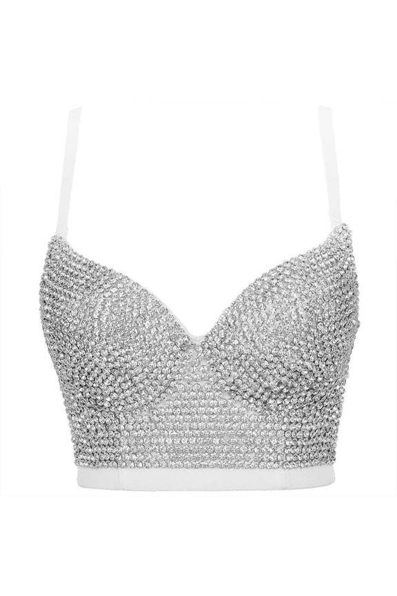 Women Glitter Diamond Rhinestone Push Up Bra Bustier Underwire Padded Spaghetti Strap Camisole Sexy Punk Corset Crop Top