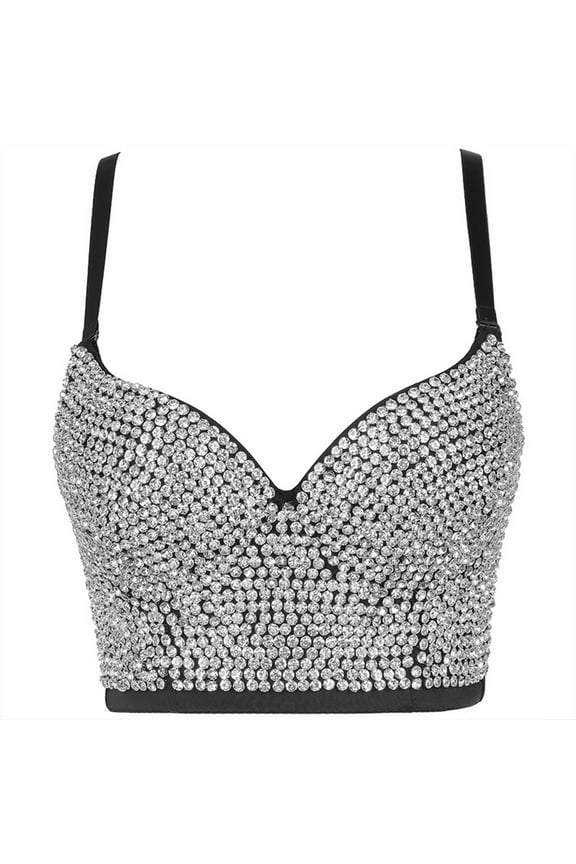 Women Glitter Diamond for Rhinestone Push Up Bra Bustier Underwire Padded Spaghetti Strap Camisole Nightclub Sexy Punk Corset Crop Top Bralette