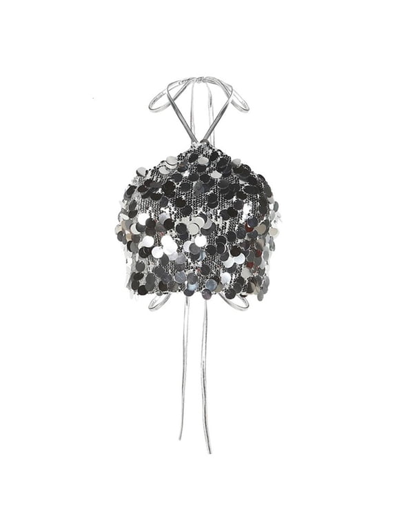Women Glitter Metallic Silver Sequins Crop Top Tie Backless Camisole Bandeau Vest Beach Party Clubwear