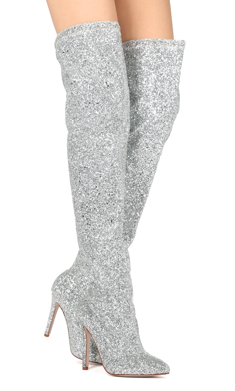 Silver shimmer thigh high cheap boots