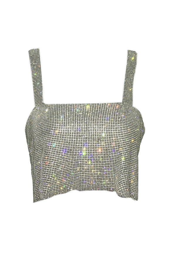 Women Glitter Rhinestone Crop Top Metal Diamond Backless Vest Party Clubwear