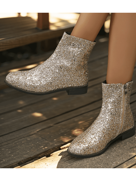 Women Glitter Sequin Flat Ankle Boots, Round Toe Side Zipper Sparkly Fashion Booties for Party Club Evening Dress