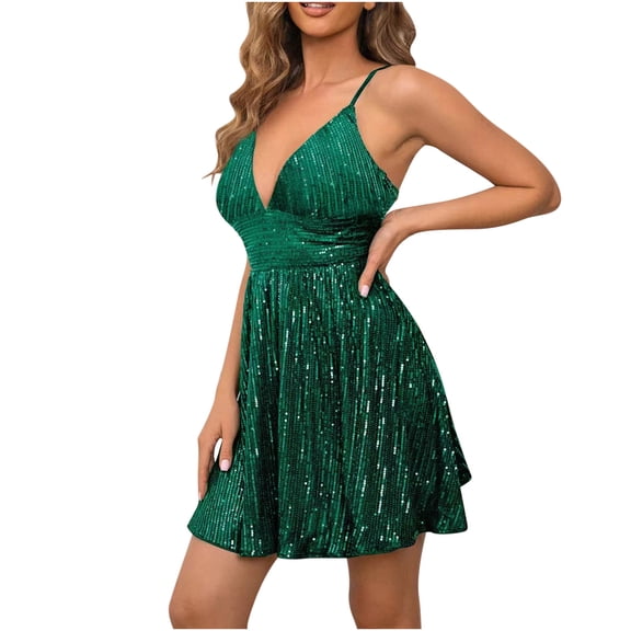Women Glitter Sequin Mini Prom Dress Spaghetti Straps Deep V Neck Evening Gowns s Sexy Backless A-line Dress