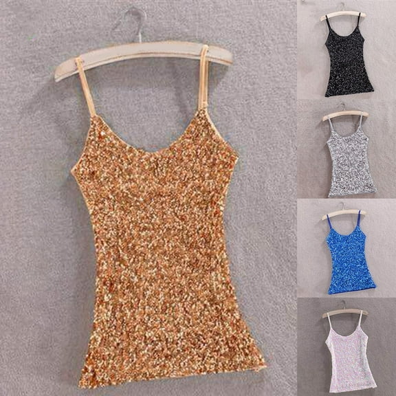 Women Glitter Sequin Sleeveless Vest Tank Tops Party Cocktail Clubwear Shirt Gold YIWEI