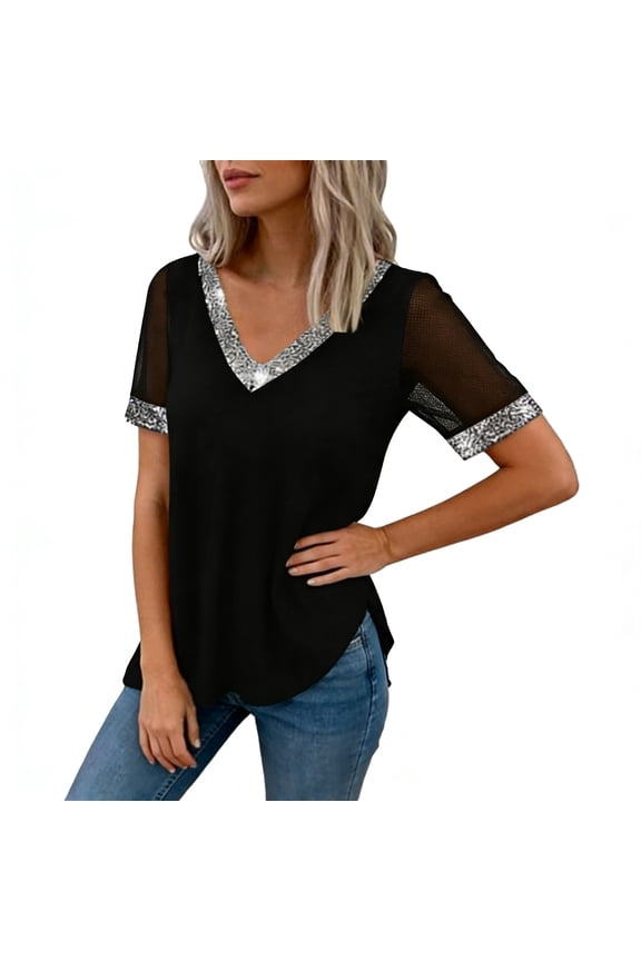Women Glitter Sexy Off Shoulder T-Shirt Sequined Splicing Cold Shoulder Shirts Blouses Club Night Short Sleeve Tops