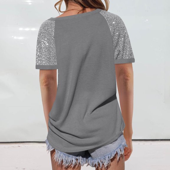 Women Glitter Short Sleeve Shirts Pullover Tops Casual Crewneck Tee Fashion Blouses Summer Outfit