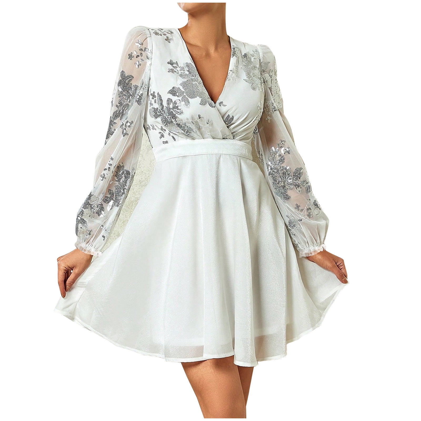 Women Glitter Sparkle Sequin Dress Patchwork V Neck Long Sleeve A Line — free download