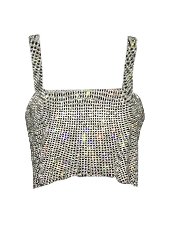 Women Glitter for Rhinestone Crop Top Metal Diamond Backless Vest Party Clubwear