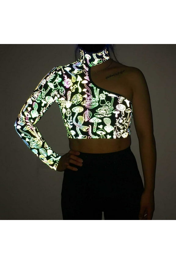 Women Glitzy Reflective One Shoulder Long Sleeve Halter Top Blouse Mushroom Print Party Clubwear Sexy Fitted Shirt Night Out Fashion Womens Tops