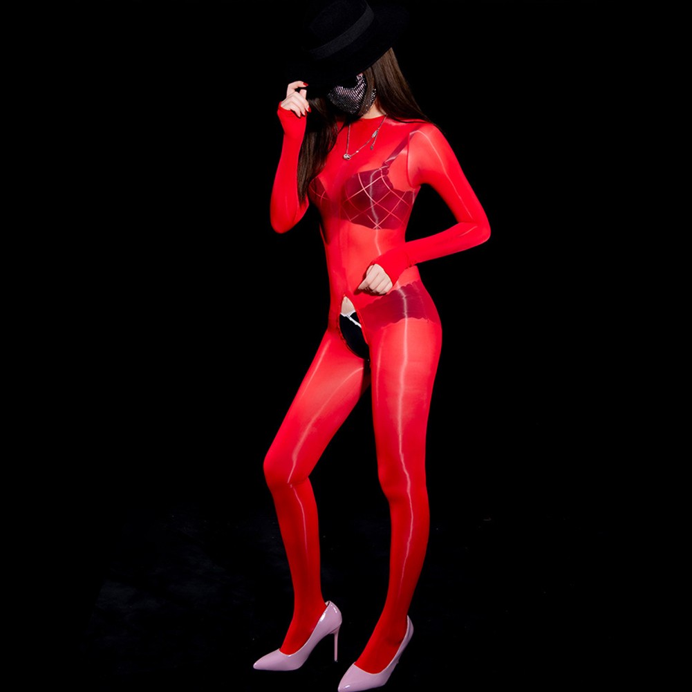 Women Glossy Bodysuit Jumpsuit Oily Full Body Stocking Zip Crotch