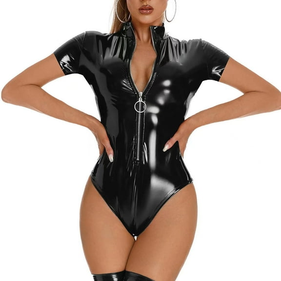 Women Glossy Leather Bodysuit, Sexy Zipper Open Breast, Short Sleeve, Plus Size Shiny Latex Leotard