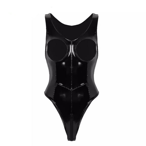 Women Glossy PVC Leather Bodysuit, Sexy Below Zipper Open Crotch, Hot Breast Exposed, Shiny Latex Tank Leotard Crotchless