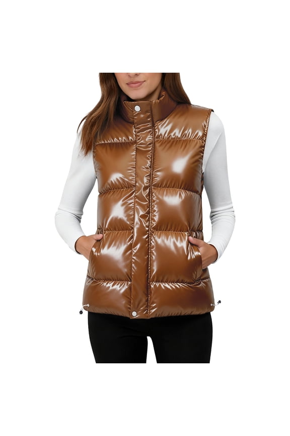 Women Glossy Slim Casual Warm Down Cotton Vest Sleeveless Casual Shiny Zip Puffer Jacket Cotton Padded Down Waistcoat