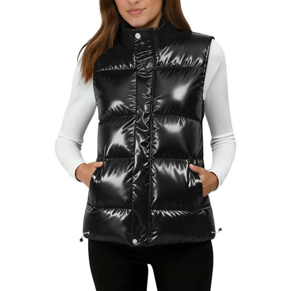 Women Glossy Slim Casual Warm Down Cotton Vest Sleeveless Casual Shiny Zip Puffer Jacket Cotton Padded Down Waistcoat