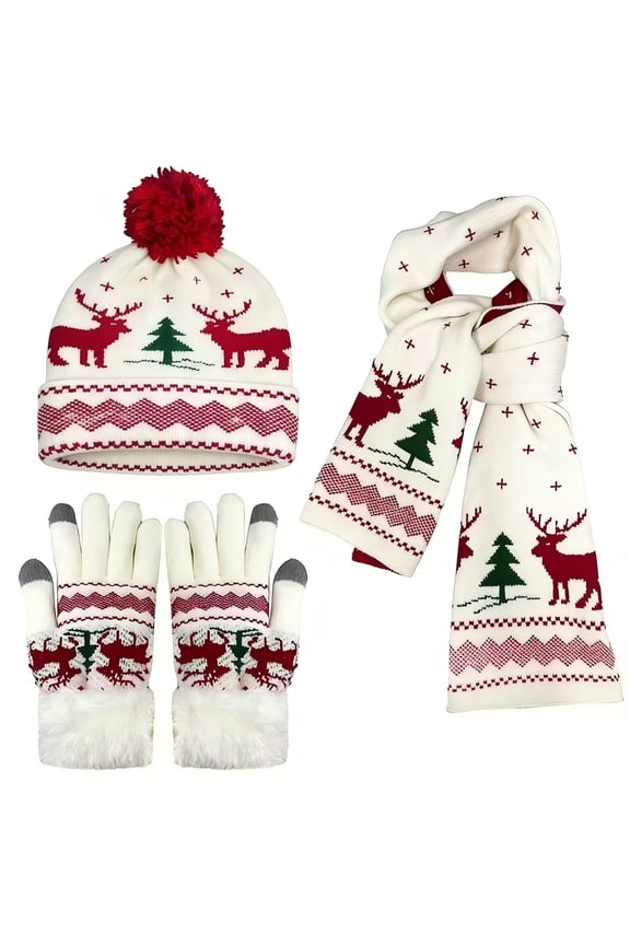 Winter Hat Scarf Gloves for Women Adult Warm Knit Beanie Hat Touch Screen Gloves Set Winter Xmas Gifts