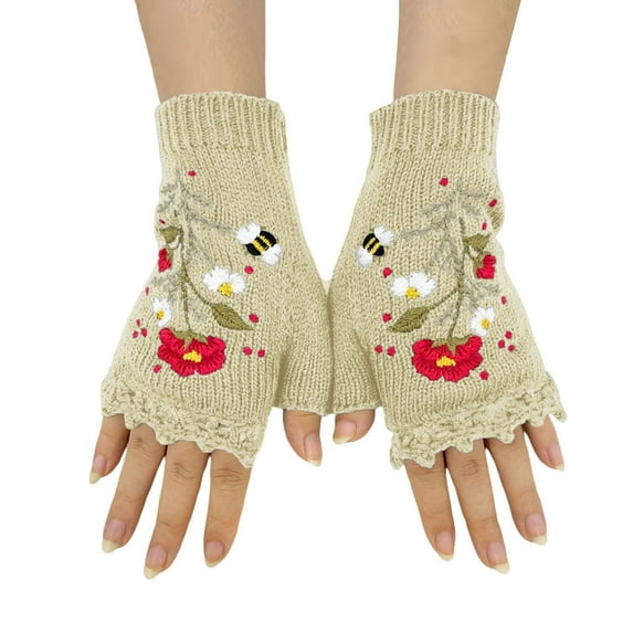Women Gloves Winter Warmth Crochet Mittens Handmade Knitted Fingerless with Floral Embroidery Design for