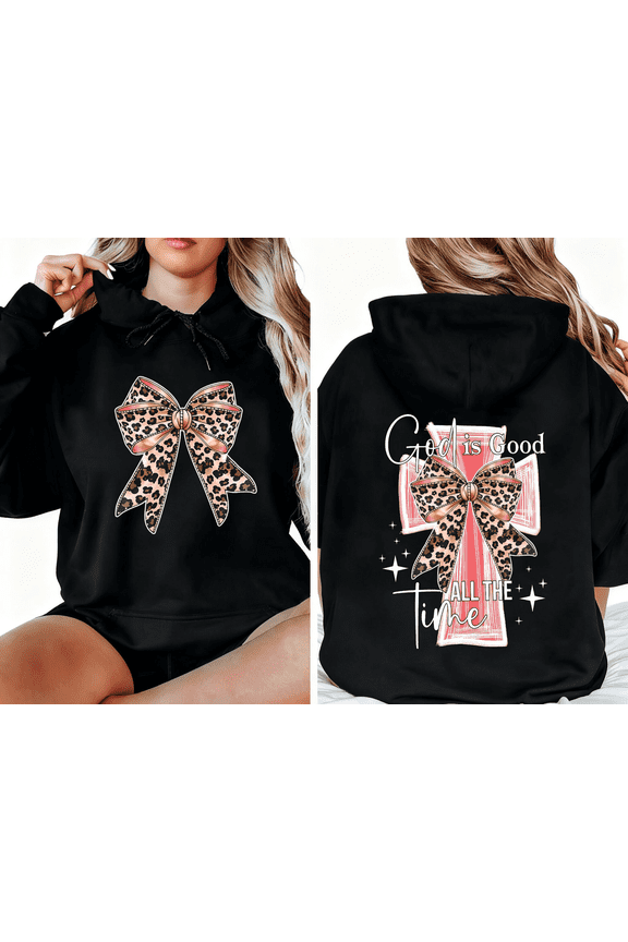 Women God Is Good All The Time Pink Trim Leopard Bow Cross Double Sided Slogan Print Cotton Round Neck Printed Hooded Long-Sleeved Black S-2XL