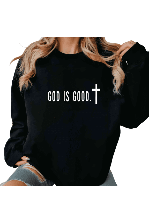 Women God Is Good Cross Print Round Neck Long Sleeved Black S-3XL