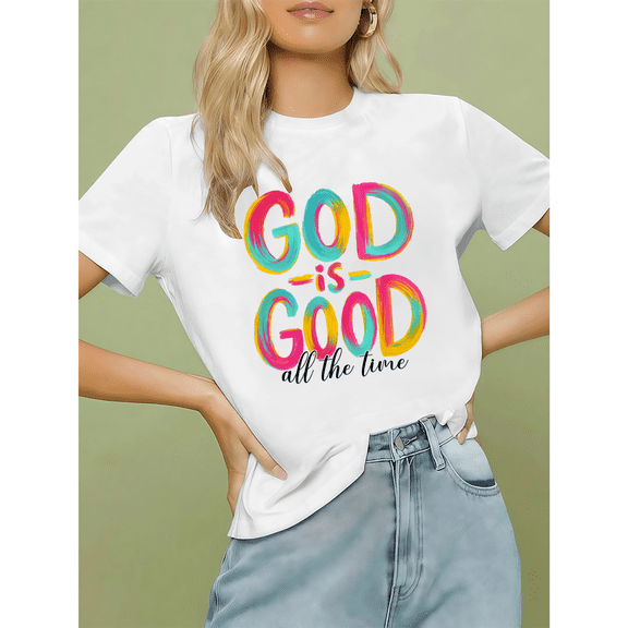 Women God Is Good Graphic Tee Airy Fit T Shirt Top Daily Wear Colorful Typography Design Versatile Style Suitable Short Sleeve White S-5XL
