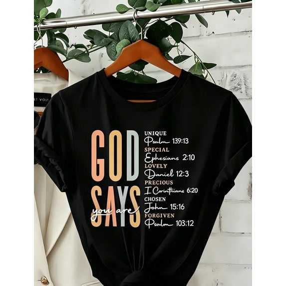 Women' God Says Bible Verse Print Black TShirt Crew Neck Casual Cotton Tee Medium Stretch Knit Fabric Regular Fit For Female Ladies