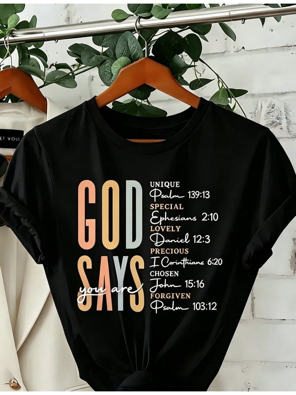 Women' God Says Bible Verse Print Black TShirt Crew Neck Casual Cotton Tee Medium Stretch Knit Fabric Regular Fit For Female Ladies