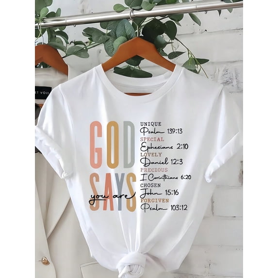 Women' God Says Bible Verse Print White TShirt Crew Neck Casual Cotton Tee Medium cotton Fabric Regular Fit For Female Ladies For