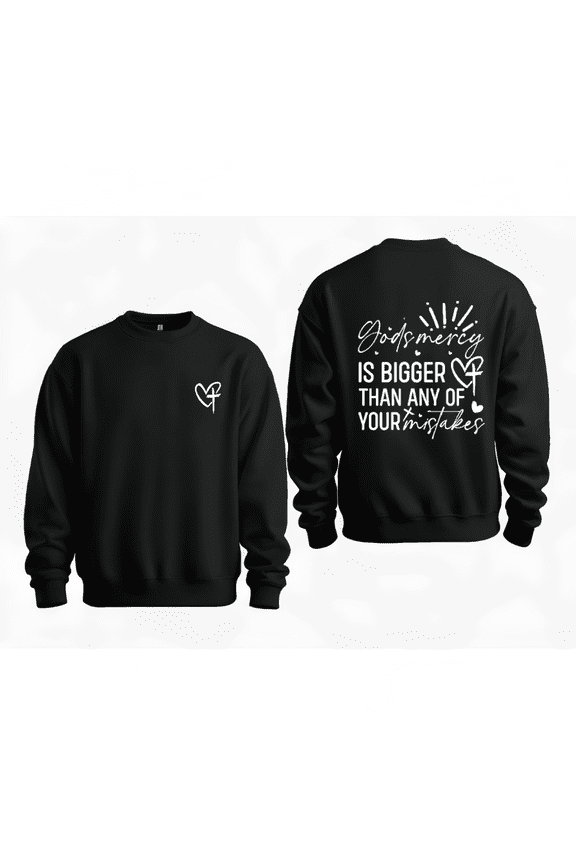 Women Gods Mercy Quote Heart Cross Print Pure Cotton Round Neck Sweater Round-neck long-sleeved Black S-3XL
