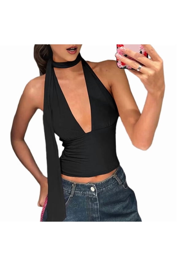 Women Going Out Halter Scarf Crop Top Deep V Sleeveless Backless Vest Party Clubwear Black L