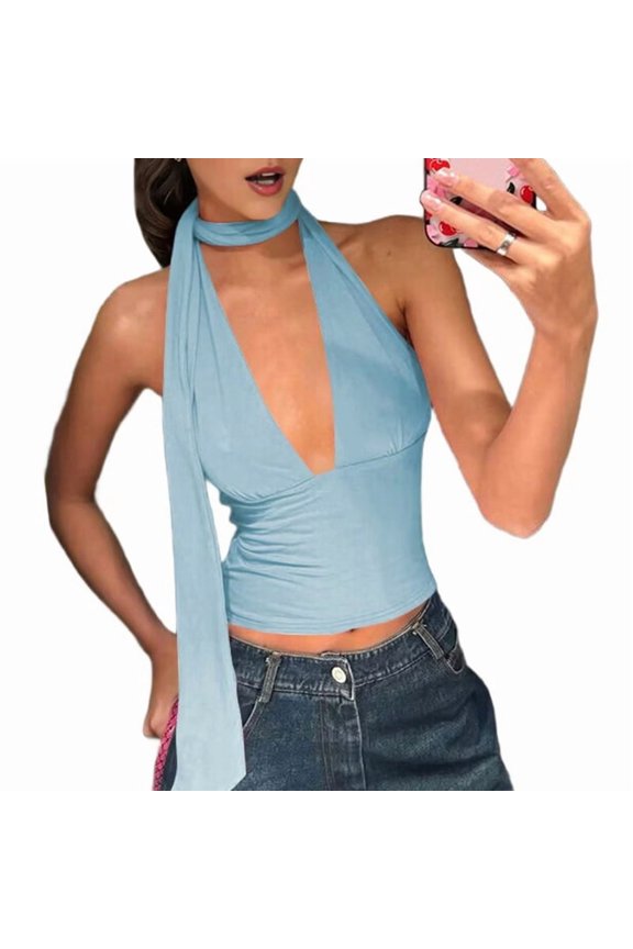 Women Going Out Halter Scarf Crop Top Deep V Sleeveless Backless Vest Party Clubwear Blue L
