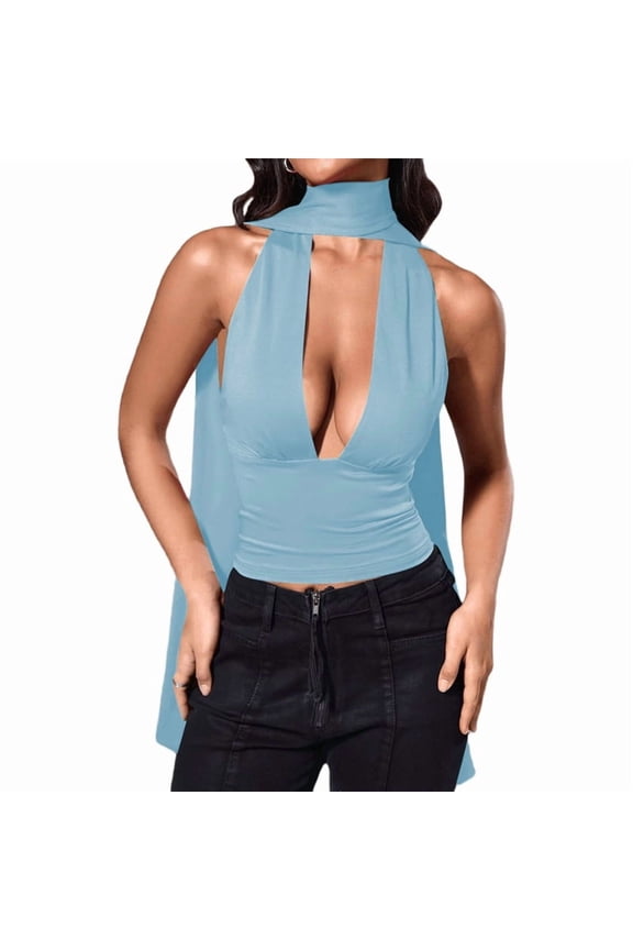 Women Going Out Halter Scarf Crop Top Deep V Sleeveless Backless Vest Party Clubwear Blue L