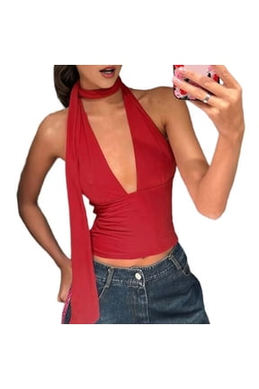 Women Going Out Halter Scarf Crop Top Deep V Sleeveless Backless Vest Party Clubwear Red XS