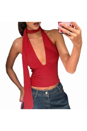 Women Going Out Halter Scarf Crop Top Deep V Sleeveless Backless Vest Party Clubwear Red XS