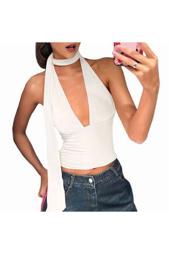 Women Going Out Halter Scarf Crop Top Deep V Sleeveless Backless Vest Party Clubwear White M