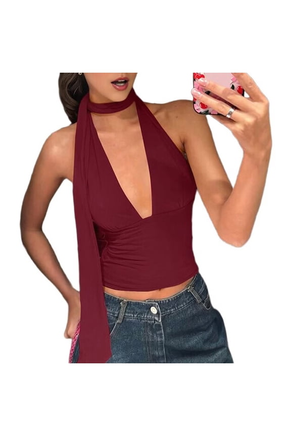 Women Going Out Halter Scarf Crop Top Deep V Sleeveless Backless Vest Party Clubwear Wine Red XS