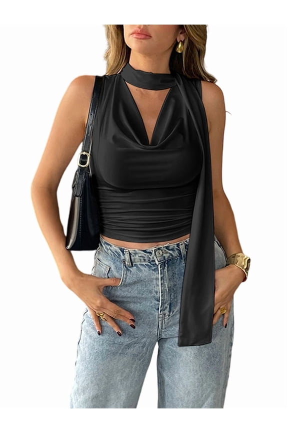 Women Going Out Scarf Crop Top Flowing Collar Sleeveless Vest Party Clubwear Black S