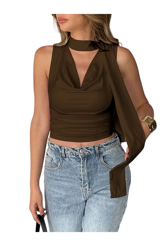 Women Going Out Scarf Crop Top Flowing Collar Sleeveless Vest Party Clubwear Brown XL