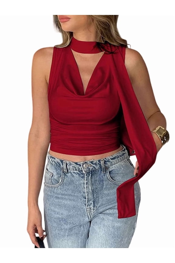 Women Going Out Scarf Crop Top Flowing Collar Sleeveless Vest Party Clubwear Red L