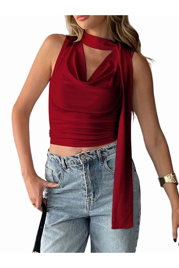 Women Going Out Scarf Crop Top Flowing Collar Sleeveless Vest Party Clubwear Red S