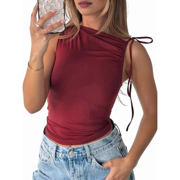 Women Going Out Summer Tank Tops Basic Cute Sleeveless Crop Top Vacation Fashion Outfit Clothes Red M