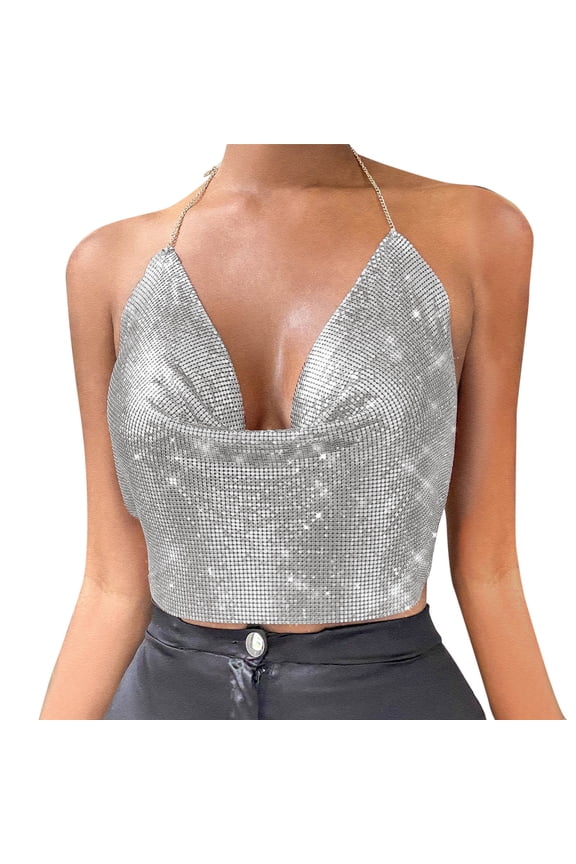 Women Going Out Summer Tank Tops Camisole Chain Clothes Beading Adjustable Sleeveless Backless Crop Clubs Undershirt,Silver,XS