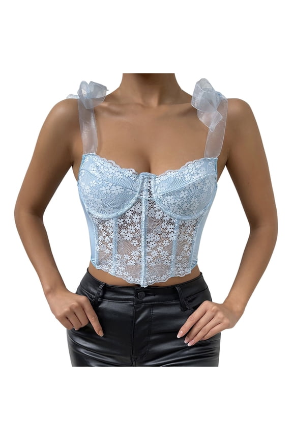 Women Going Out Summer Tank Tops Camisole Lace Ribbon Mesh Slim Fit Ropped Undershirts,Blue,M