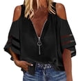 thumbnail image 1 of Women Going Out Summer Tank Tops Loose Zipper Half Flared Sleeve Mesh Splice Loose Tunic Undershirts,Black,L, 1 of 4