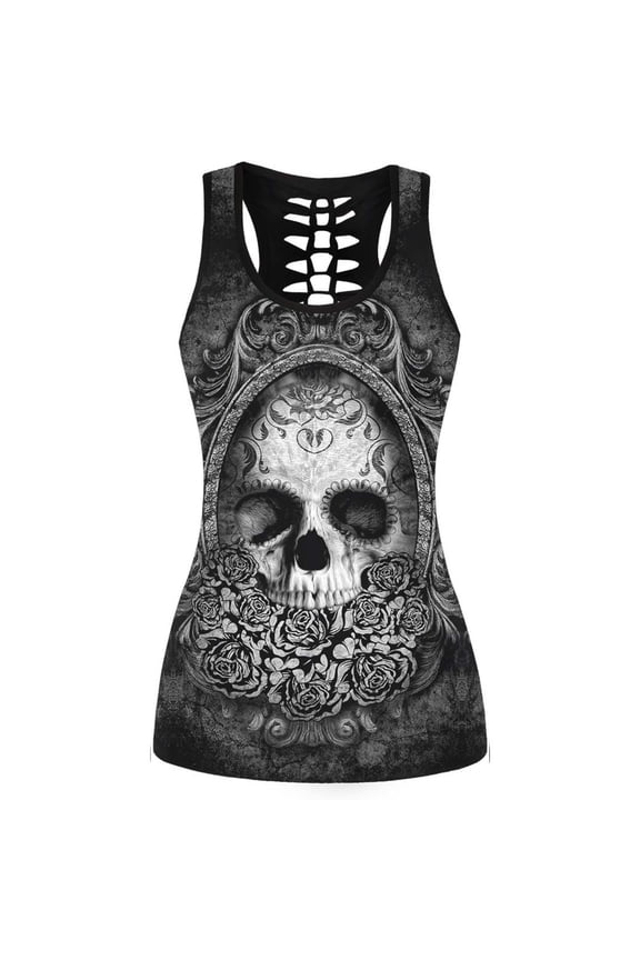 Women Going Out Tank Tops Crewneck Skull Print Tee Ribbed Sleeveless Casual Basic Undershirt